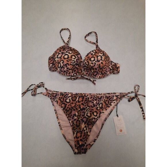 Shade & Shore Size 32B Push Up Top M Cheeky Bottom Bikini Leopard Print - Picture 1 of 4